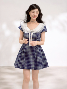 KEIKO | Lace Trim Peter Pan Collar Blue Plaid Waist Cinched Summer Dress