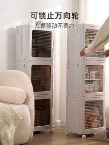 BIGSPOON 3-Tier Multipurpose Storage Cabinet with Door | Stackable Display Cabinet | Foldable Storage Rack with Wheels