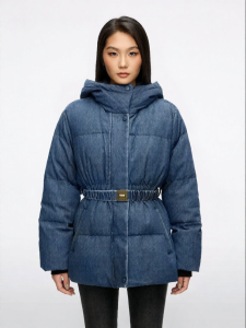 Womens Winter 90% Duck Down Denim Hooded Belted Puffer Jacket