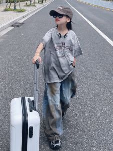 Bộ Đồ Trẻ Em Mùa Hè Phong Cách Hàn Quốc Thời Trang Mát Mẻ Điên Rồ Cổ Điển Rách Rưới Quần Jeans Denim Rộng Rãi Tay Ngắn Thường Ngày Cho Bé Gái