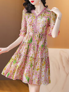 DAIXIANGFEIZI | Summer Short Sleeve Chiffon Floral Dress Small Frame Elegance