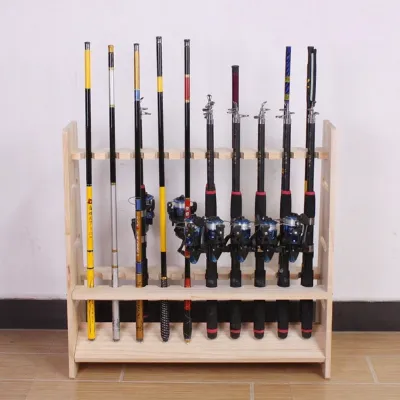 Wooden Floor-standing 10 Rod Fishing Pole Display Rack Single Row Lure Rod Storage Bracket Billiard Stick Fishing Gear Show Stand
