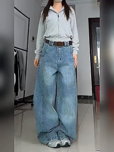 PREIE SIMPLE Wide Leg Pants for Men Blue Baggy Jeans Mens American Style Retro Washed Jeans High Waist Denim Pants Loose Jeans Super Baggy Pants Stylish Pants Wide Leg Jeans Aesthetic Pants