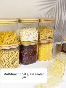 Glass Transparent Bamboo Lid Food Candy Airtight Free Spoon Cookies Cereal Canister Jar