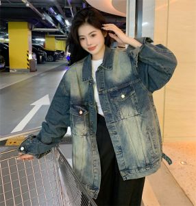 Retro American Style Faded Denim Jacket Womens Spring Thin Loose Slimming Korean Lazy Style Top Polo Collar Long Sleeve