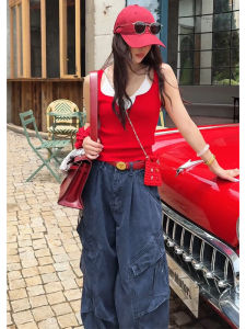 YUEZHONGWEI | เสื้อกั๊กแขนกุดผ้าไหมน้ำแข็งสีแดงสำหรับผู้หญิงในช่วงฤดูร้อน เสื้อคลุมกันหนาวแบบสวมไหล่ที่สวยงามและเป็นเอกลักษณ์