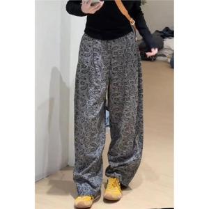 Gray Floral Print Loose Straight Leg Pants Womens Fashion Summer 2025 Tapered All-Match Long Trousers Korean Style Casual Pants