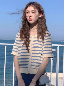 Ice Silk Stripes Knitting Short Sleeve T-Shirt Womens Summer 2024 New Arrival Loose Slim Looking Thin Hollow Cardigan Top