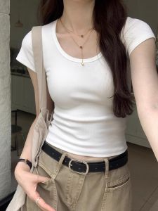 Áo Thun Nữ Tay Ngắn Cổ Chữ U Màu Trắng Ôm Vừa Vặn Mùa Hè Phong Cách Hàn Quốc Đơn Giản Thời Trang Mặc Trong