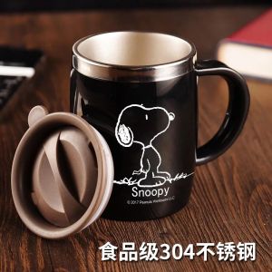 Snoopy Office Water Glass Stainless Steel Tea Cup Drinking Water Mugs for Men and Women with Cover Spoon Coffee Cup Household Cups