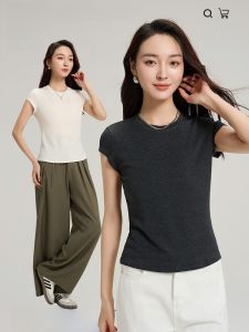 miiow | Slim Fit Short Sleeve T-Shirt Womens Base Shirt Cat Person Rayon Lyocell Summer New Style Small Flying Sleeve Top