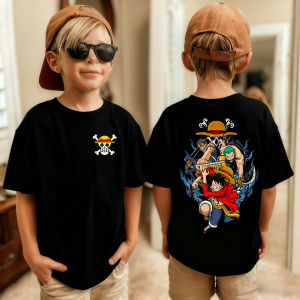 Bandai | 2026 One Piece Japanese Anime Print Boys Short-Sleeve T-Shirt Luffy Pattern Pure Cotton Crew Neck Top Suitable for Children.