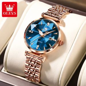 OLEVS | OLEVS 5536 Quartz Watch for Women Fashion Luxury Rhombus Mirror Rose Gold Stainless Steel Waterproof Luminous Ladies Wristwatch