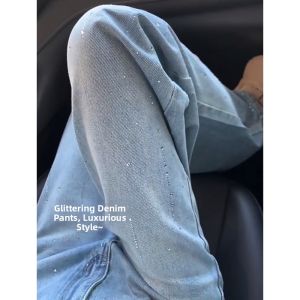 Elegant French Designed High-Waisted American Style Rhinestone Straight Jeans