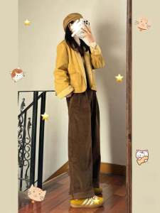 American Retro Brown Corduroy Wide-Leg Pants Womens Spring Fall and Winter Maillard Straight Velvet Wide Leg Chenille Pants