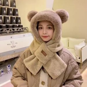 Mũ lông nữ tai gấu trắng mùa đông trùm đầu kèm khăn ấm áp cute thời trang dễ thương sang chảnh