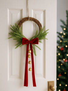 Christmas Wreath with Red Velvet Bow & Golden Bell Artificial Pine & Rattan Wreaths for Front Door Wall & Xmas Tree Home Decor
