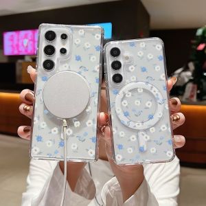 Simple Floral Clear Magnetic Phone Case For Samsung Galaxy A56 A55 A54 A36 A35 S26 S25 S24 Ultra Plus Edge Hybrid TPU+PC Cover