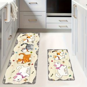 VIKAMA Cute Kitten Pattern Kitchen Runner Rug Set Non Slip Oil Resistant Floor Mat For Kitchen Bedroom Entryway Decor