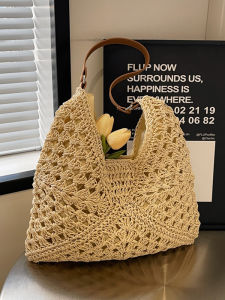 Handwoven Straw Tote Bag Womens Summer Travel Shoulder Bag Large Capacity Commuter Beach Vacation Single Shoulder Bag