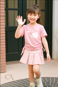 Setelan Kaos Serut Crop Top dan Rok Celana Rempel Salur Perempuan Love Bear Umur 1-14 tahun