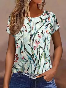 Mint Stained Glass Floral Womens Tee - Delicate Flower & Leaf Graphic Elegant Botanical Print Design for Casual Daily Wear