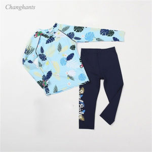 Children Two Pieces Swimwear Rash Guards for Boys Swimming Outfit for Kids Girl Baby Long Sleeve Sandy Beachwear Child Swimsuit 2-8 Y Light Blue Pink with Leaves Pattern