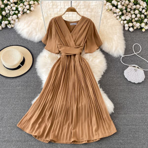 Summer 2025 V-neck Short Sleeve Dress Knee-length Slimming Waist Pleated Long Skirt Korean Style High Waist Zipper Closure
