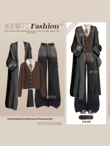 YINGKETUO | Laid-back College Style Autumn Winter Two-in-one Knit Cardigan