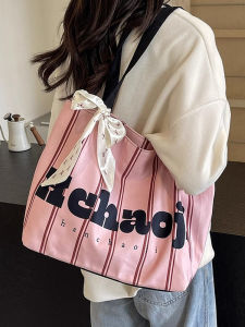 Trendy Large Capacity Striped Canvas Handbag Womens 2025 New Style Fashionable Student Book Bag Soft Korean Style Tote Bag