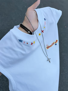 LIUBU | Floral Embroidery American Style 100% Cotton Clean Fit Sleeveless T-Shirt