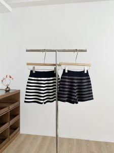 2025 Autumn New Korean Style Retro Fashionable Stripe Knitted Shorts Women Casual Wide Leg Pants High Waist Polyester Fiber
