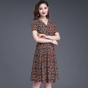 Summer New Fashion Floral Print Midi Dress Loose Slimming Womens Clothing plus Size Mommy Dresses High Waist A-Line Skirts