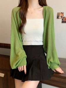 เสื้อคาร์ดิแกนแขนยาวผ้าไหมน้ำแข็งสไตล์ฝรั่งเศสสำหรับผู้หญิงในฤดูใบไม้ผลิและฤดูร้อน เสื้อคลุมกันแดดแบบสวมหัวแบบหลวมๆ สไตล์เกาหลี