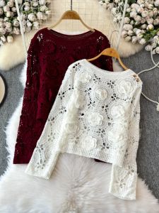 Fashionable Hollow out Knitted Sweater round Neck Woolen Womens Top Spring Autumn Season Floral Decoration Commute Style