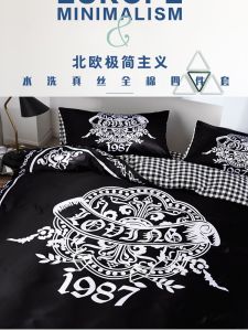 Hanlu ยี่ห้อผ้าฝ้ายผ้านวมสไตล์นอร์ดิกสีดําสีขาวรูปแบบเรขาคณิตผ้าปูที่นอนชุด 4 สําหรับชายเหมาะสําหรับหอพัก