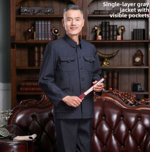 SHIPAILUO | Mens Casual Autumn Outfit Set Elderly Fatherly Style Pure Color Polo Fabric Multi-Pocket Design Polyester Cotton Blend