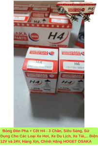 Bóng Đèn Pha+Cốt H4 - 3 Chân Chính Hãng HOGET OSAKA Hàng Xịn Ánh Sáng Vàng Nắng Chuyên Sử Dụng Cho Các Loại Xe Ôtô Để Đi ĐĂNG KIỂM Điện 12V -24V.