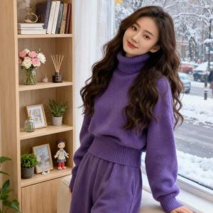 LIANGYILAILIN | Winter Fashion Korean Style Purple Turtleneck Sweater and Wide Leg Pants Set
