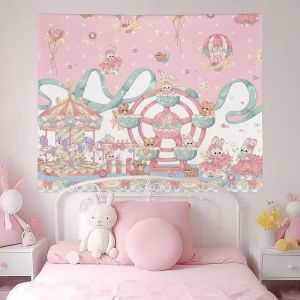 Tấm Thảm Treo Tường Công Viên Giải Trí Chủ Đề Thỏ Hồng Nhạt Dễ Thương Bằng Polyester Trang Trí Treo Tường Cho Phòng Ngủ Ký Túc Xá Phòng Khách Có Thể Giặt Bằng Máy.