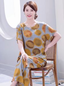 ชุดนอนผ้าไหมคอตตอนสำหรับผู้หญิง แขนสั้น ผ้าฝ้ายผสมโพลีเอสเตอร์ ชุดนอนฤดูร้อน ชุดลำลองในบ้าน สำหรับคุณแม่ไซส์ใหญ่