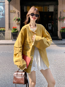 Dopamine Boosting Yellow Denim Jacket Womens Spring Autumn New Style Vitality Anti Aging Design Cute Fleece Edge Short Coat