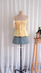 DNEMNLPH Cosima Smocked Ribbon Tube Peplum Top - BKK Linen Korean Self Tie Womenswear Garter Freesize