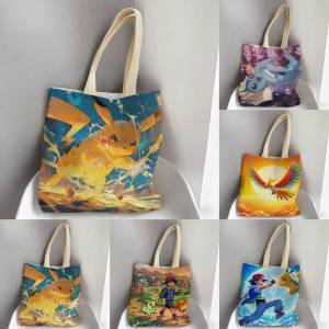 Bandai | Pokemon Anime Friends Storage Bags Tote Bag Travel Summer Beach Shoulder Bag Reusable Grocery Shopping Bag Anime Artwork