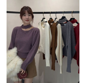 YUEZHONGWEI | French Style Off-Shoulder Turtleneck Sweater Purple