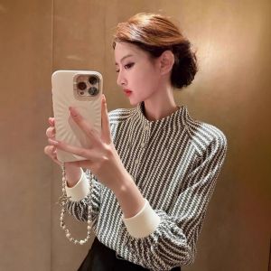 XUECAIQI | Unique Striped Autumn/Winter Shirt Half High Collar Inner Wear