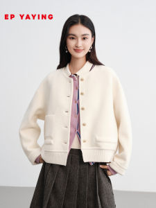 EP YAYING Fall 2025 New Womens Knitted Loose Shoulder round Neck Cream White Outerwear Simple Style Long Sleeve Short Coat