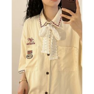 Áo Sơ Mi Nữ Tay Ngắn Dáng Rộng Phong Cách Ngọt Ngào Mùa Hè 2025 Áo Sơ Mi Thường Ngày Đa Năng Thêu Cổ Polo Dài Thường