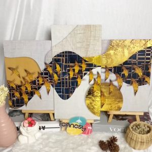 TENNESY Hiasan Dinding Set Abstrak Emas 3 Panel Besar Dekorasi Dinding Kamar Tidur Pajangan Kayu Poster Dekorasi Rumah
