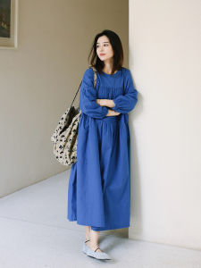 Travel Theme Cotton Linen Women Dress with Great Skirt round Collar Long Sleeve Faded Shoulder Loose Fit Long Tail Blending Shirt Design